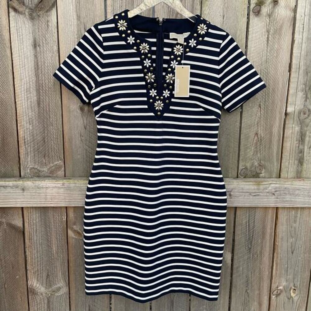 Michael Michael Kors Striped T-Shirt Dress Embellished Floral V-Neck Small‎ NWT